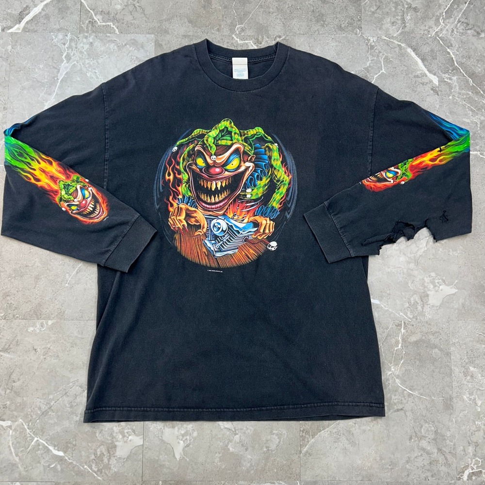 Vintage Insane Clown Graphic Tee Mens XL Flames Jester Joker Sleeve Hit Distress